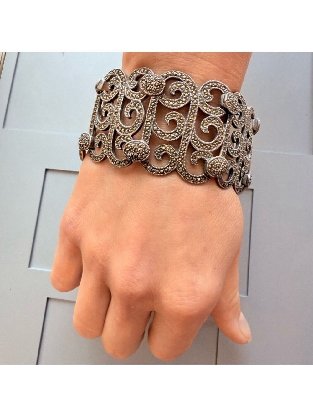 HUGE Masterpiece Marcasite Scroll Panel Sterling Silver Bracelet Signed Vintage